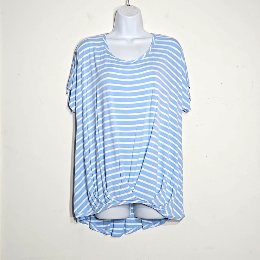 signature studio soft baby blue and white striped hi-lo pull over top XL